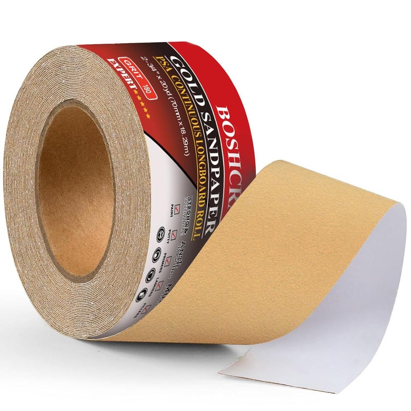 BOSHCRAFT 180 Grit PSA Longboard Sandpaper, 20-Yard Long Continuous Roll 2-3/4" Wide Self-Adhesive Sanding Paper for Auto Body Woodworking Metalworking - Image 1